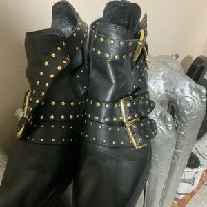 Topshop Black and Gold Studded Moto Boots